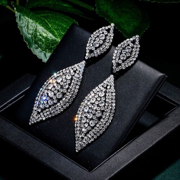 Carbon Black with White Diamond Crystal Double Leaf Chandelier Post Earrings - Picture 2 of 5